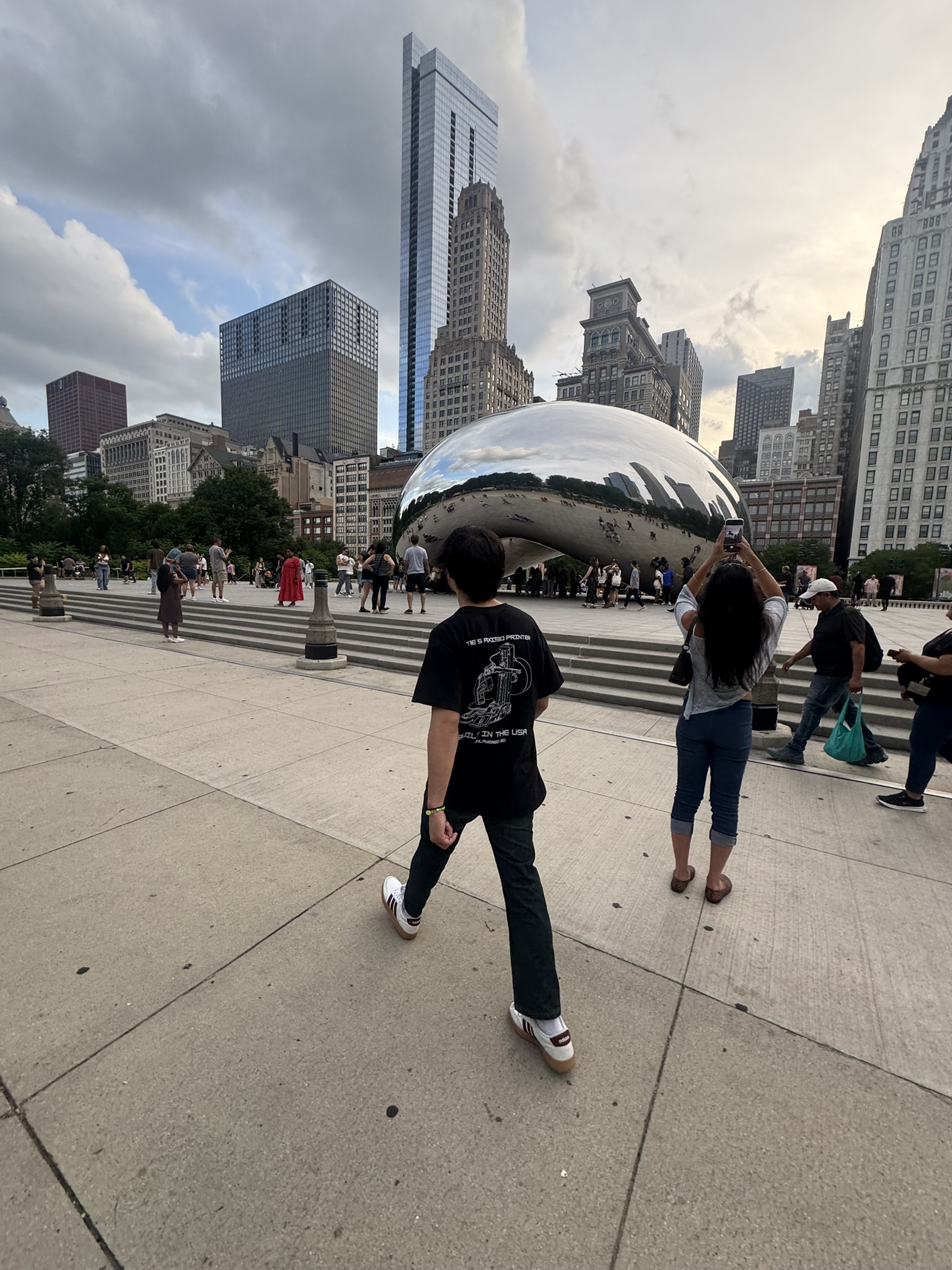 Jacob approaching Cloud Gate in Chicago wearing a 3D-printer design